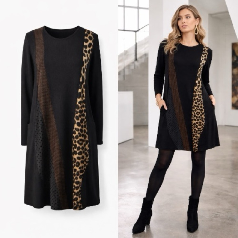 Alembika Mixed Media Tunic Shift Dress Size 0 US 4-6 Leopard Print Lagenlook
